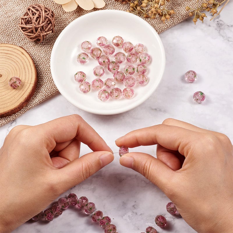 Craftdady كرافتادي حوالي 60 قطعة من خرز الزجاج المصنوع يدويًا بلمسة ذهبية مزخرفة على شكل وردة مع حبيبات فضفاضة لصنع المجوهرات بتصميم مدمج: 2 مم (وردي) - Image 5
